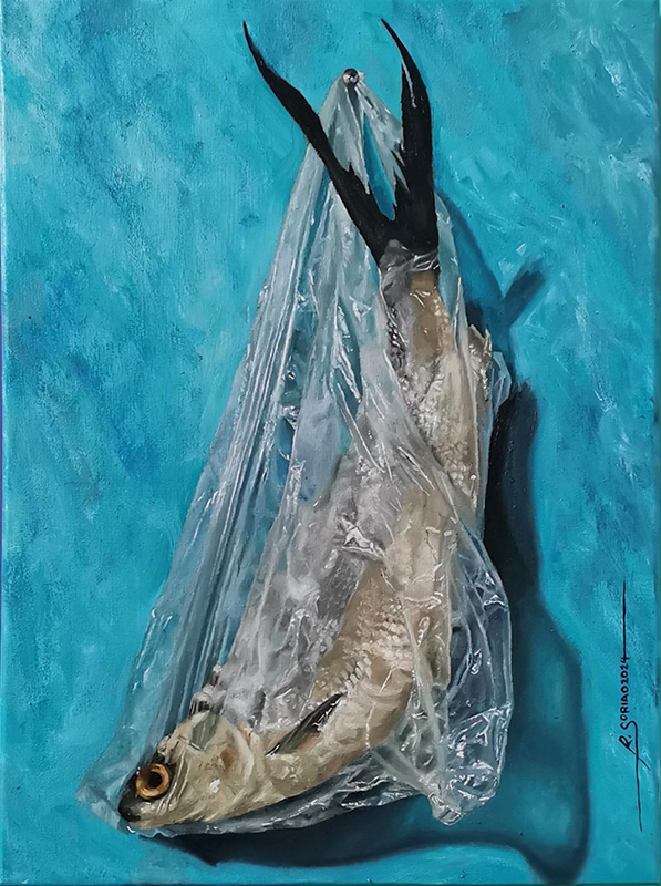 Ramir Soriao A fresh Bangus in a plastic bag Oil on Canvas 40cm x 29.5cm 2024