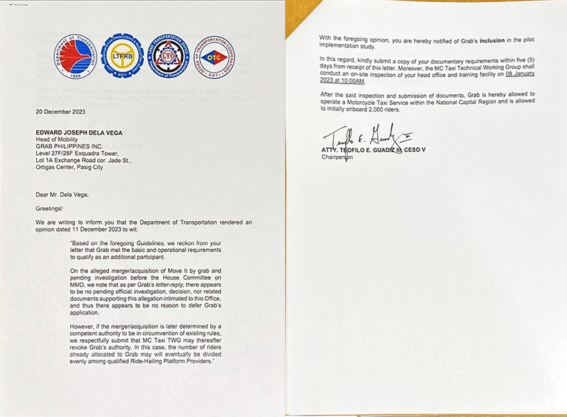 Grab Philippines Commends PBBM and Speaker Romualdez on Progressive Transportation Reforms Photo Release Grab LTFRB letter Decemeber 2023