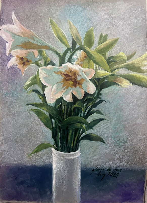 GRUPO KWADRO CELEBRATES 9TH ANNIVERSARY WITH HARMONY AT 9 EXHIBIT Gloria de Guia Melendres Flower 1 Oil Pastel 16 x 11 inches