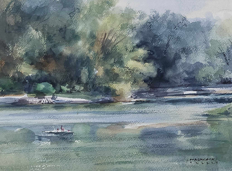 GRUPO KWADRO CELEBRATES 9TH ANNIVERSARY WITH HARMONY AT 9 EXHIBIT Nik Masangcay Hazy Morning watercolor 10.5x13.5in 2023