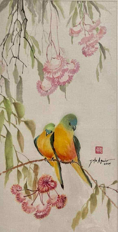 Zata Aquino mounts First Solo Exhibit Sining sa Paleta Orange Bellied Parrot on a Eucalyptus Tree Watercolor and Ink 27 x 18 inches 2024